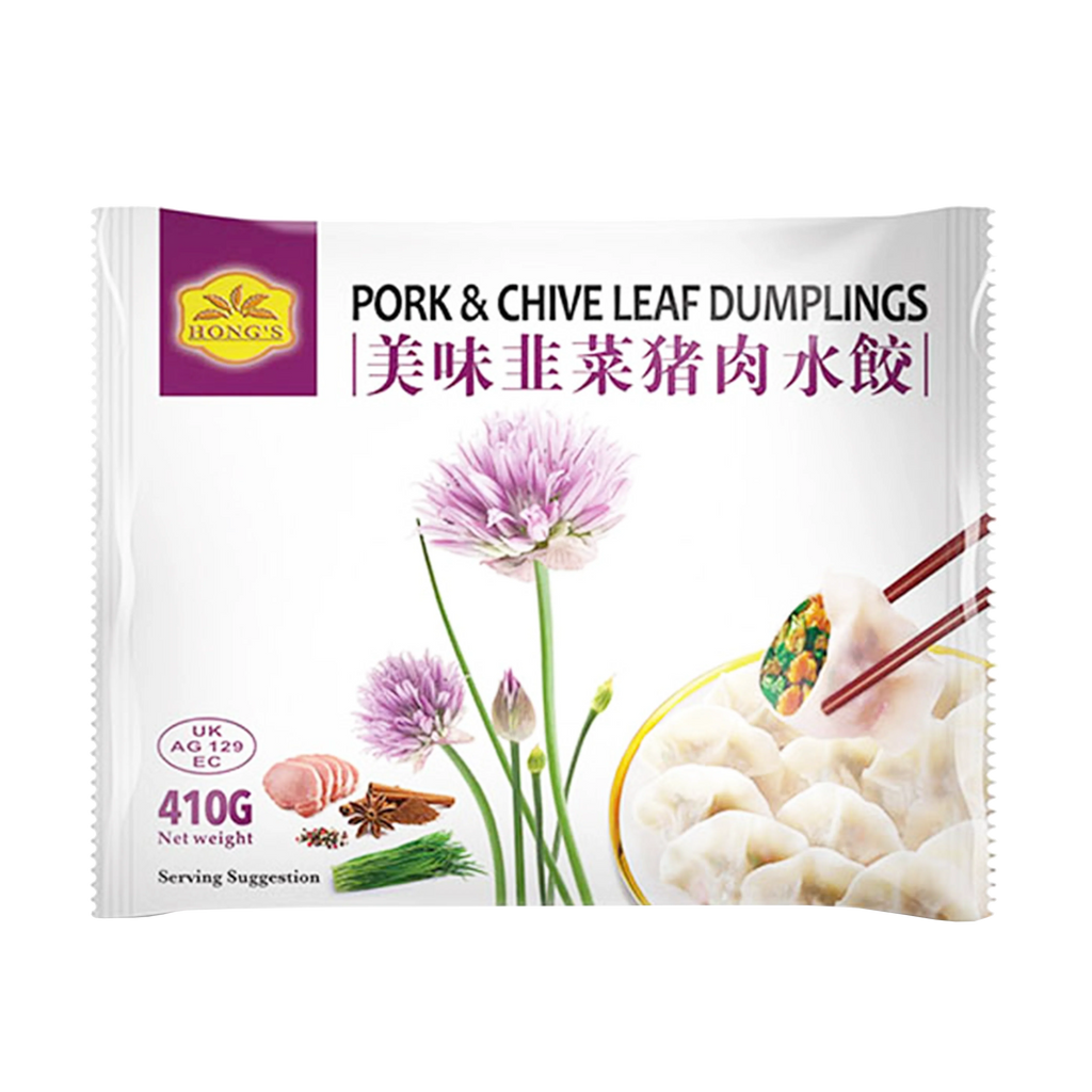 Hong's Pork & Chive Leaf Dumplings 410g. 鴻字韭菜豬肉水餃 - Soon Fung LTD